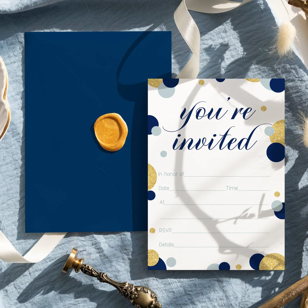 Royal Theme Navy and Gold Invitations - Blank 4x6 Cards (15 Pack)