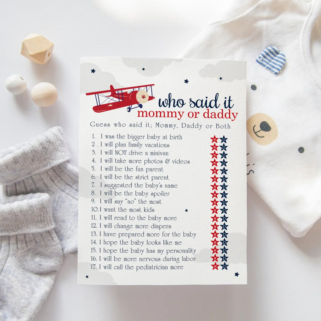 Airplane Mommy or Daddy Baby Shower Game - 25 Pack Guess Who Activity Cards, Red and Blue Gender Reveal, Printed 5x7 Set