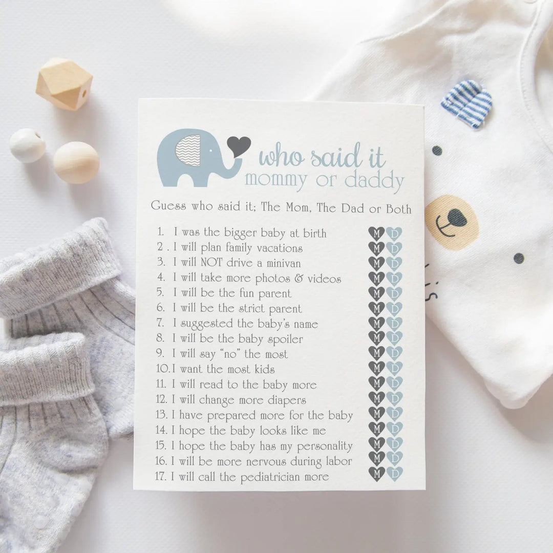 Blue Elephant Baby Shower Games Mommy or Daddy - 25 Pack Fun Guess Who Activity Cards for Royal Jungle Animals, Printed 5x7 Set