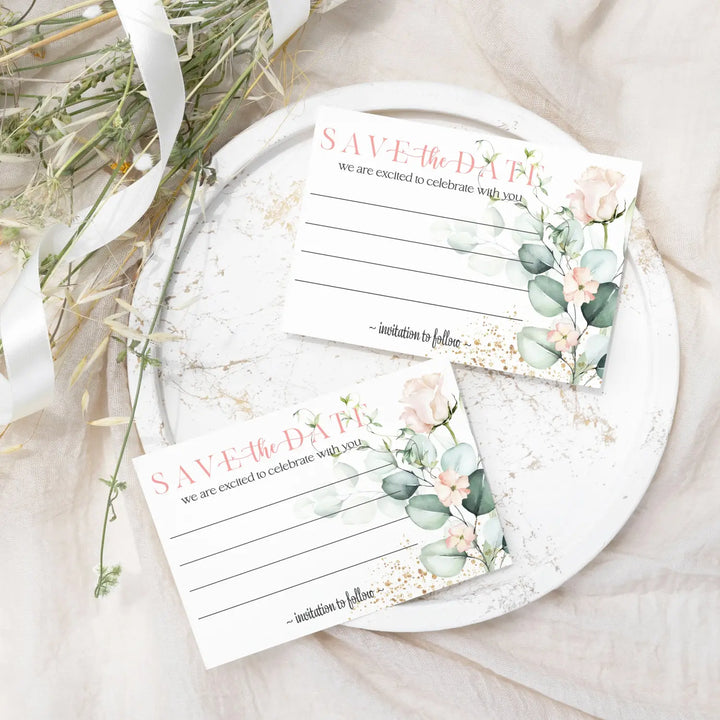 Blush Blooms Save the Date Cards with Envelopes - 25 Pack Rustic Floral Pink All Occasion Invitations for Weddings, Birthdays & Graduations - 3.5x5 Elegant Notecards