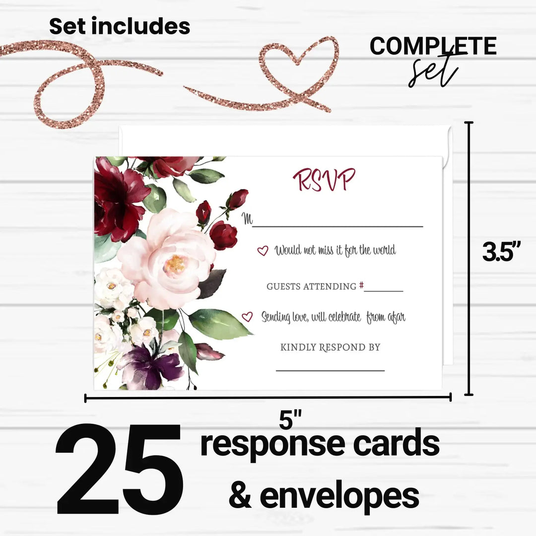 Boho Burgundy Blossom RSVP Cards Contemporary Floral, 3.5x5, Pack of 25