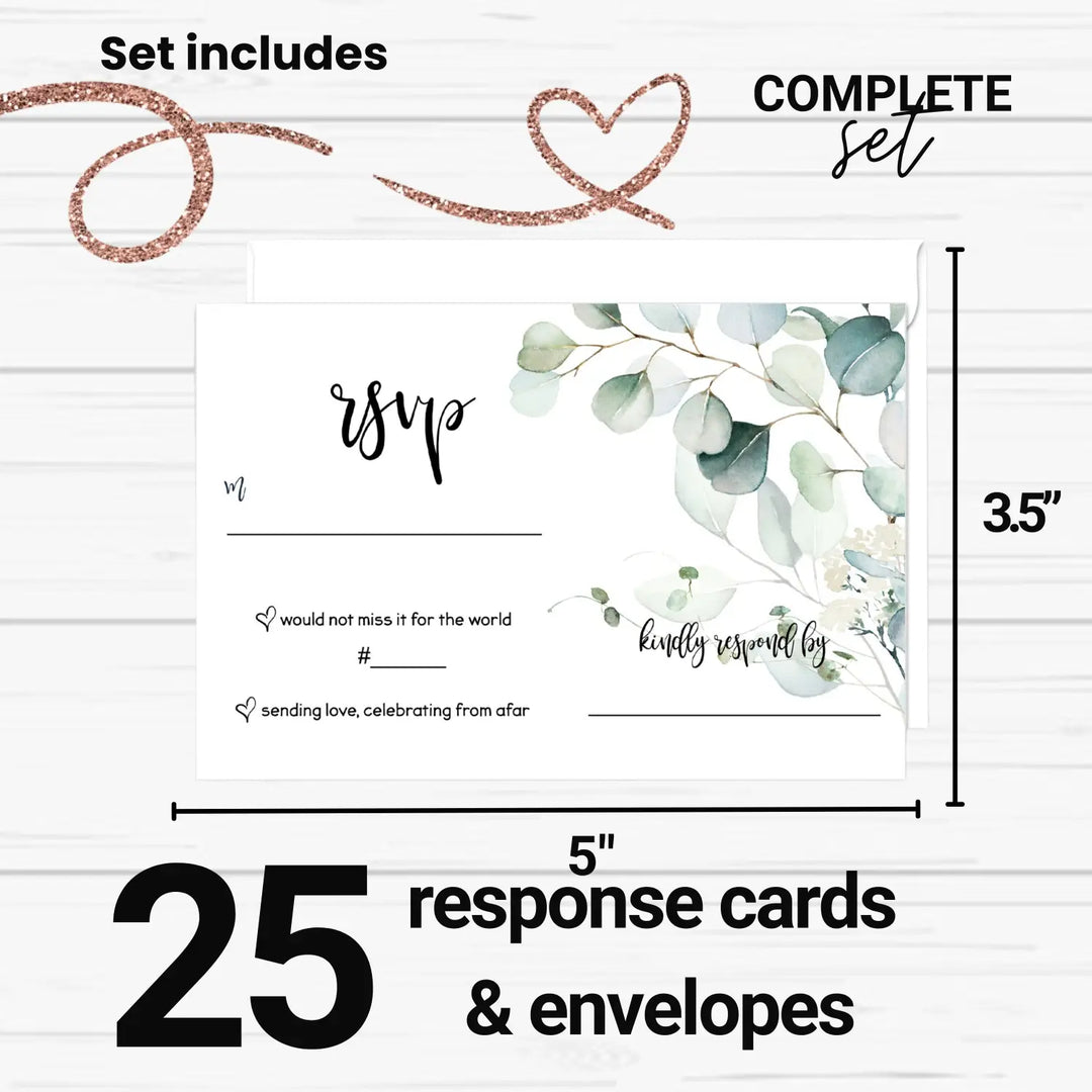 Eucalyptus Greenery RSVP Cards - Rustic Wedding Response Set, 3.5x5, Envelopes Included, 25 Pack