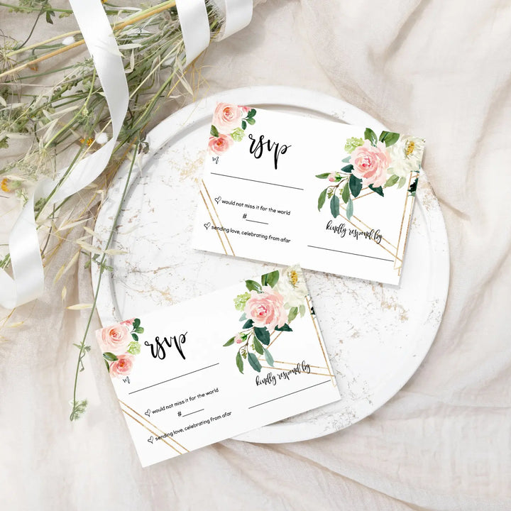 Graceful Greenery Pink Gold Floral RSVP Cards - Wedding Response Set, 3.5x5, Envelopes Included, 25 Pack