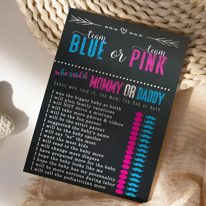 Gender Reveal Mommy or Daddy Game - 25 Pack Guess Who Activity Cards for Boys and Girls, Pink and Blue Themed, 5x7 Set