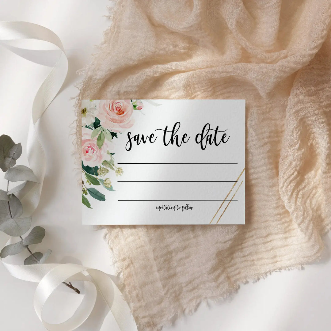 Graceful Floral Save the Date Cards with Envelopes - 25 Pack - 3.5x5 All Occasion Invitation Cards in Greenery, Blush and Gold - Perfect for Wedding Invitations, Birthdays, Graduations