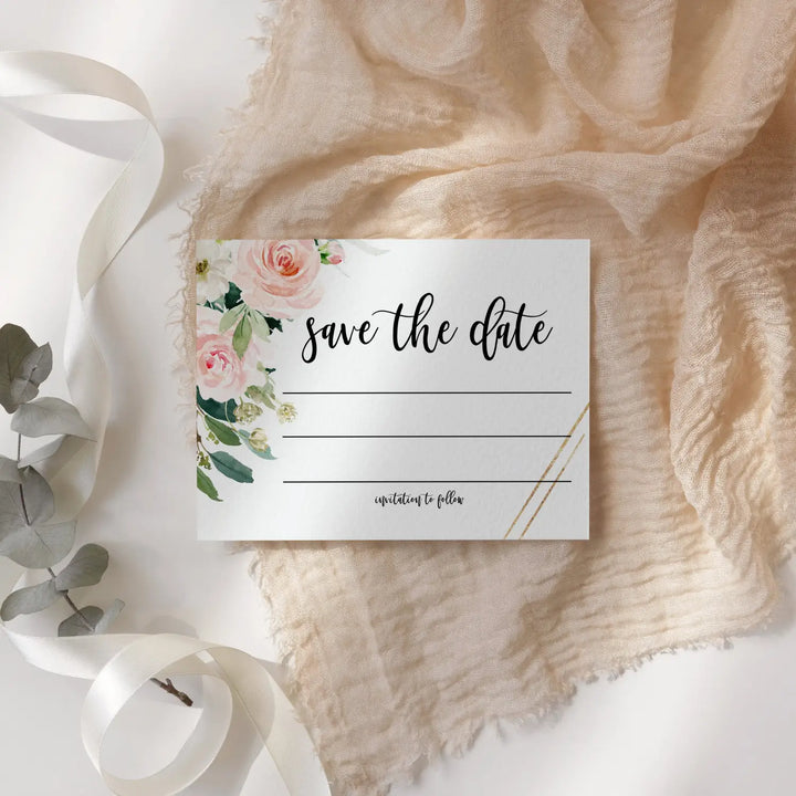 Graceful Floral Save the Date Cards with Envelopes - 25 Pack - 3.5x5 All Occasion Invitation Cards in Greenery, Blush and Gold - Perfect for Wedding Invitations, Birthdays, Graduations