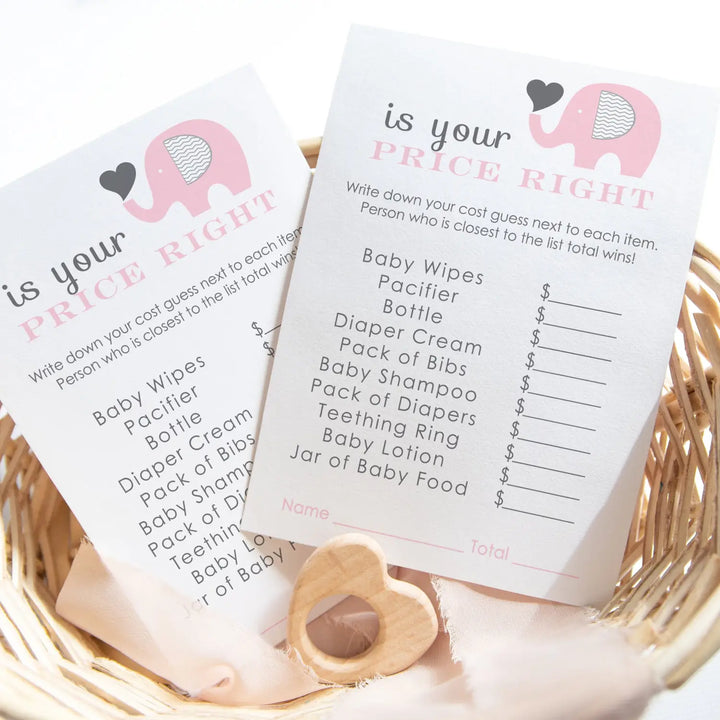 Pink Elephant Guess the Price Baby Shower Games – 25 Guests, Modern Princess Themed Activities for Girls, Jungle Animal 4x6 Card Set