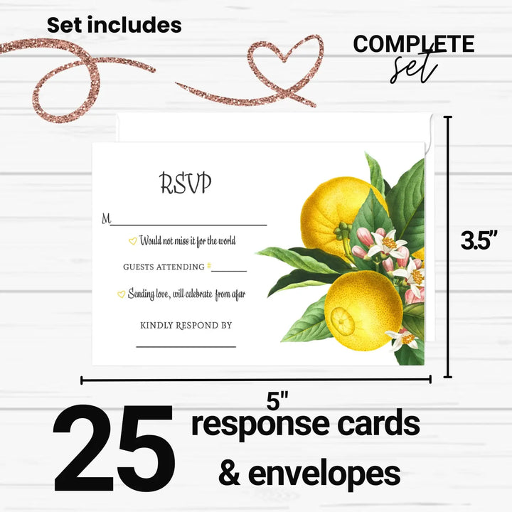 Main Squeeze Lemon Greenery RSVP Cards - Citrus Wedding Response Set, 3.5x5, Envelopes Included, 25 Pack