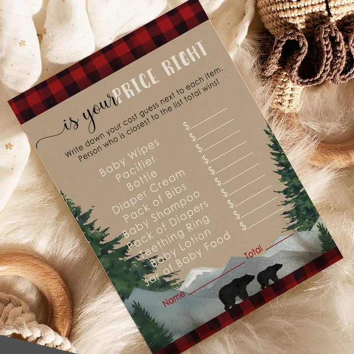 Lumberjack Guess the Price Baby Shower Games – 25 Guests, Rustic Bear Themed Activities for Boys, Red and Black Plaid 4x6 Card Set