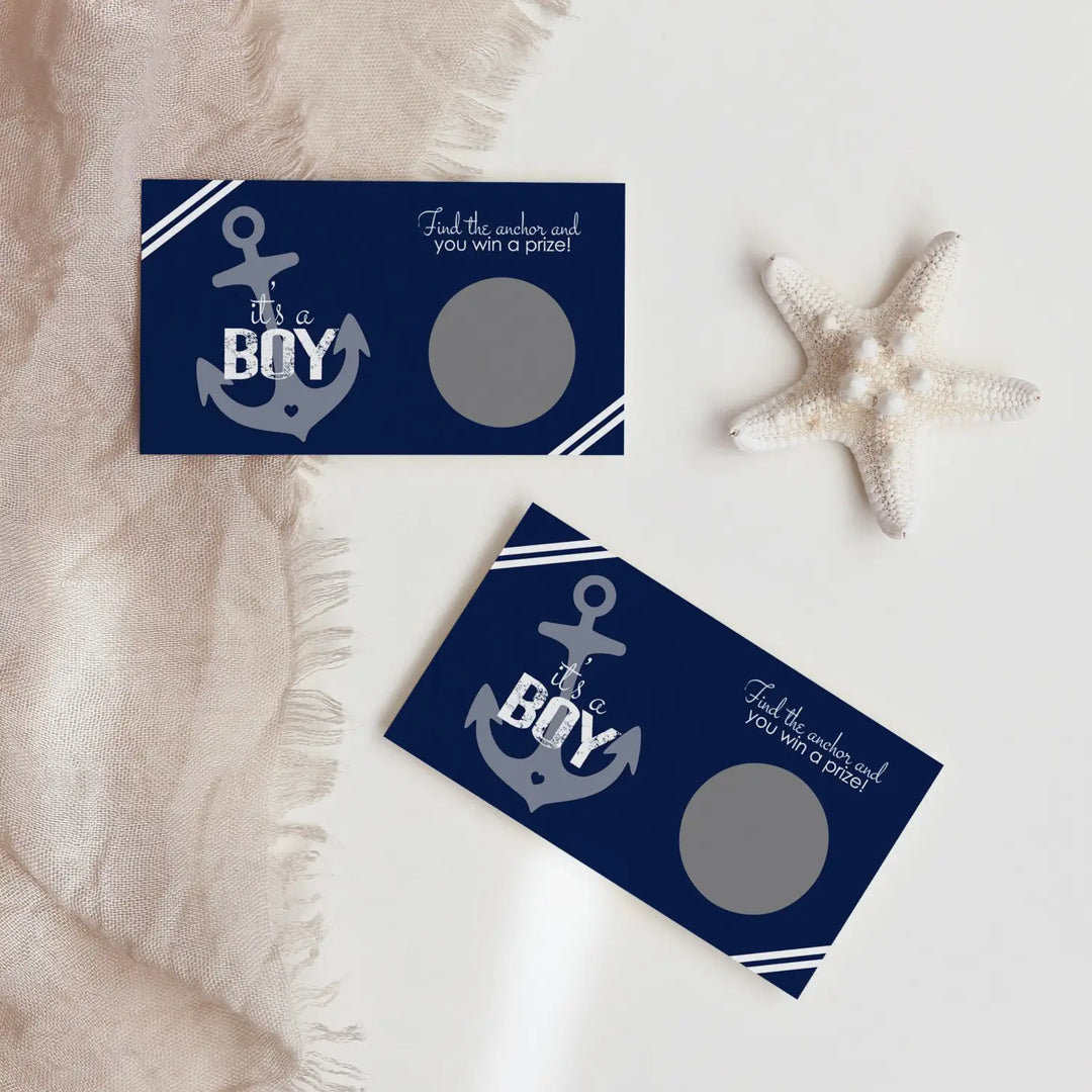 Nautical Baby Shower Games Boys - 28 Cards - Fun Scratch Off Game Guest Activities to Win Prizes Anchor Favors Blue and Grey Theme Pack Ideas