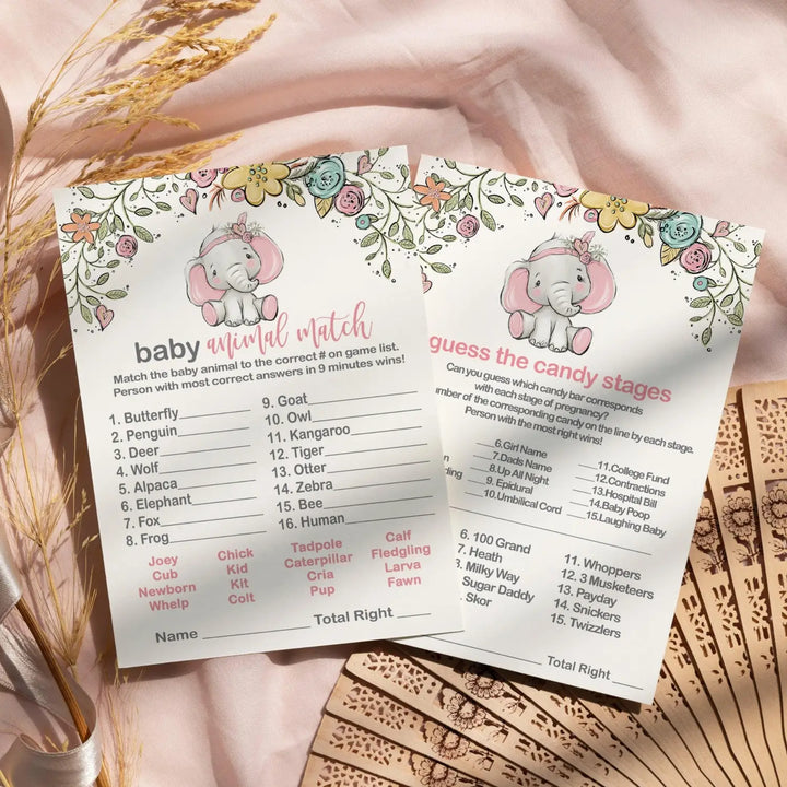 Cottage Elephant Baby Shower Game Set, Pink Floral, Animal Matching and Candy Bar Match