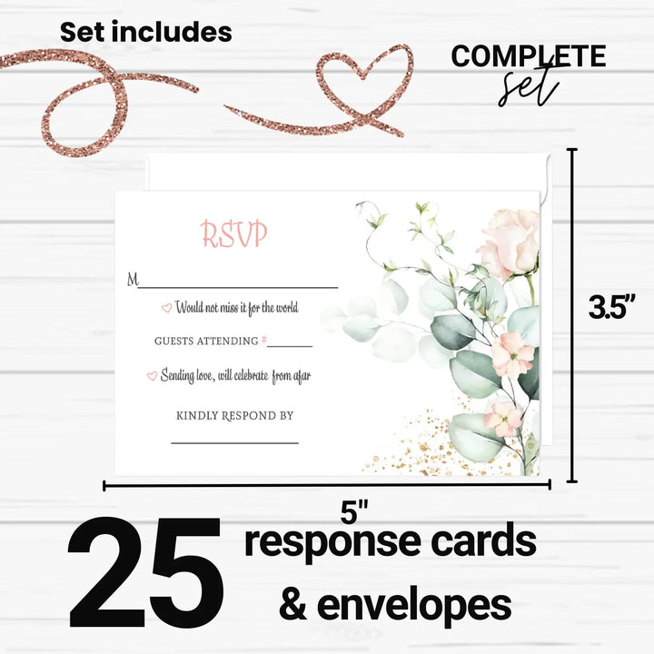 Blush Greenery Pink Floral RSVP Cards - Wedding Response Set, 3.5x5, Envelopes Included, 25 Pack