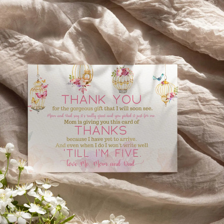 Butterfly and Floral Girls Baby Shower Thank You Cards - 15 Pack with Pink Envelopes, 4x6