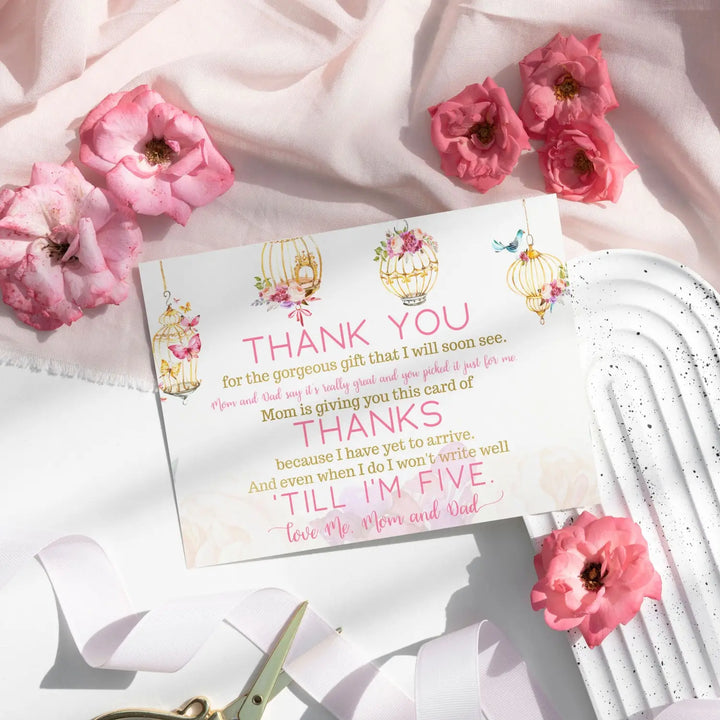 Butterfly and Floral Girls Baby Shower Thank You Cards - 15 Pack with Pink Envelopes, 4x6