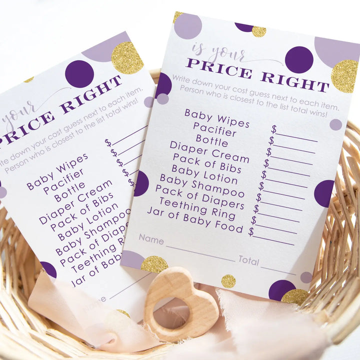 Purple and Gold Guess the Price Baby Shower Games – 25 Guests, Modern Mermaid Themed Activities for Girls, Prince or Princess 4x6 Card Set