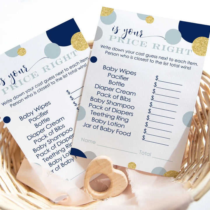 Navy and Gold Guess the Price Baby Shower Games – 25 Guests, Royal Prince Themed Activities for Boys, Twinkle Little Star 4x6 Card Set