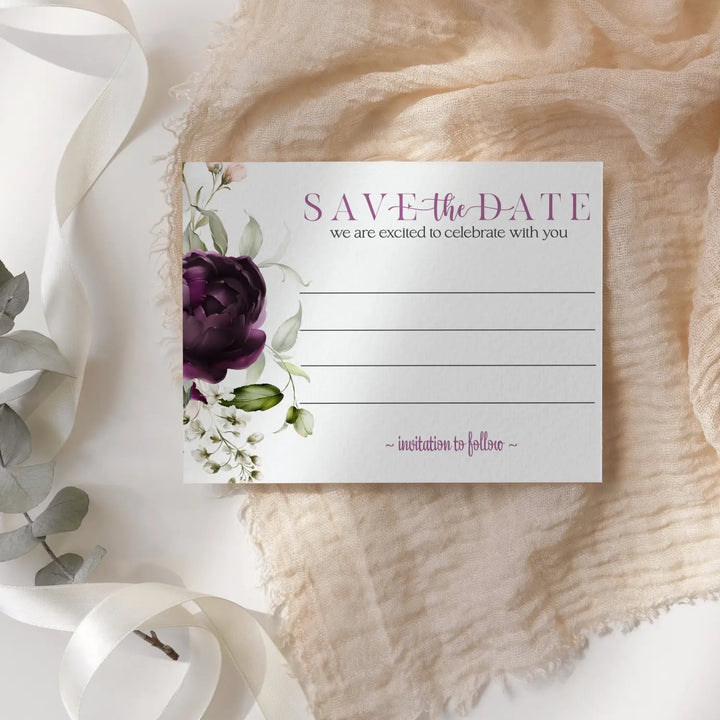 Purple Passion Save the Date Cards with Envelopes - 25 Pack Modern Floral All Occasion Invitations for Weddings, Birthdays & Graduations - 3.5x5 Elegant Design