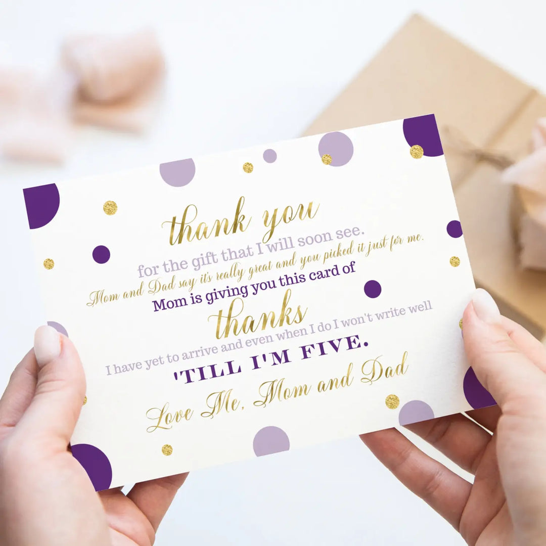 Purple and Gold Thank You Cards for Girls Baby Shower – Notecards with Envelopes (Pack of 25)