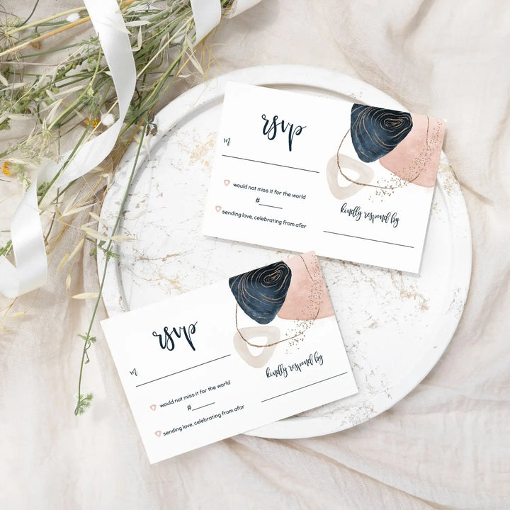 Chic navy and pink watercolor rsvp cards with envelopes - 25 pack - response set perfect for weddings graduations
