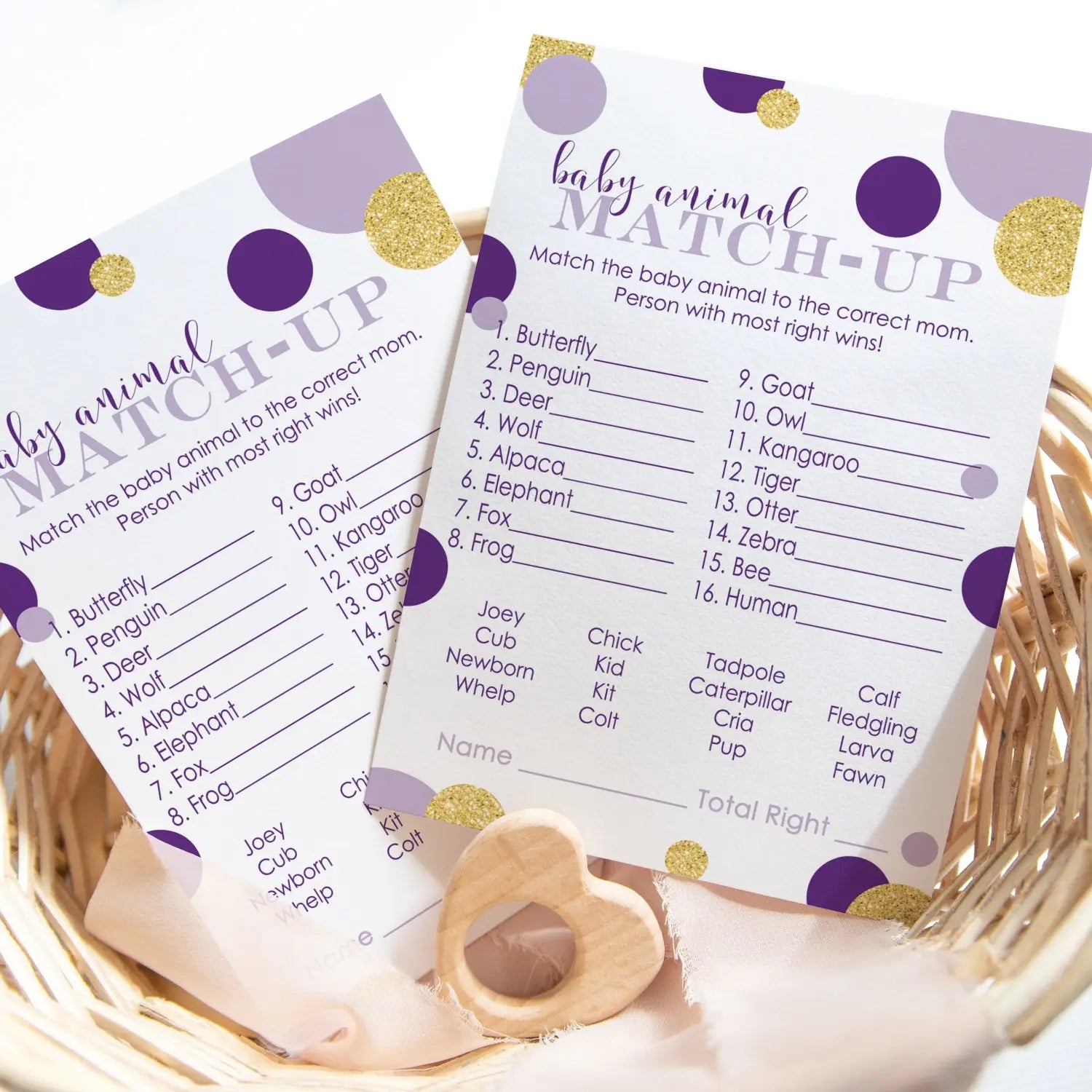 Purple and gold baby shower game animal matching (25 pack) - party games