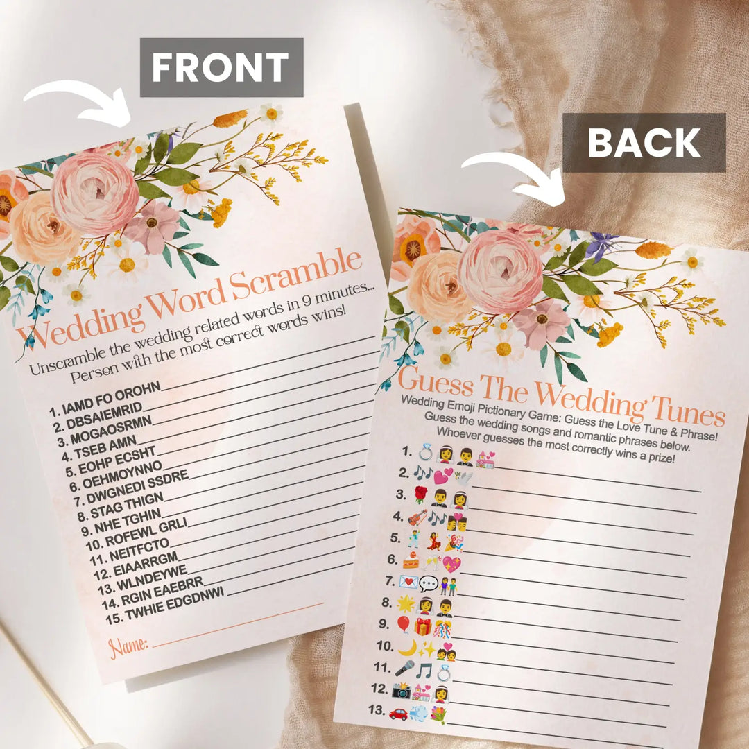 Boho Bridal Shower Games (25 Each) Wedding Song Pictionary and Word Scramble Fun Guess Activity for Guests Engagement Party, Rehearsal Dinner, Rustic Floral Design Double-Sided Cards, Bundle