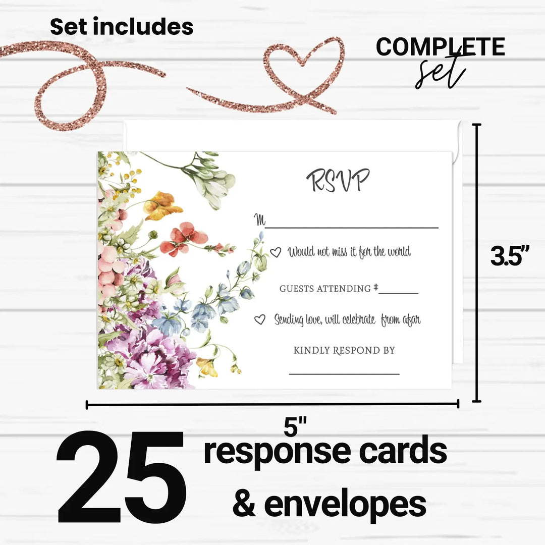 Wildflower Rustic Floral RSVP Cards - Wedding Response Set, 3.5x5, Envelopes Included, 25 Pack