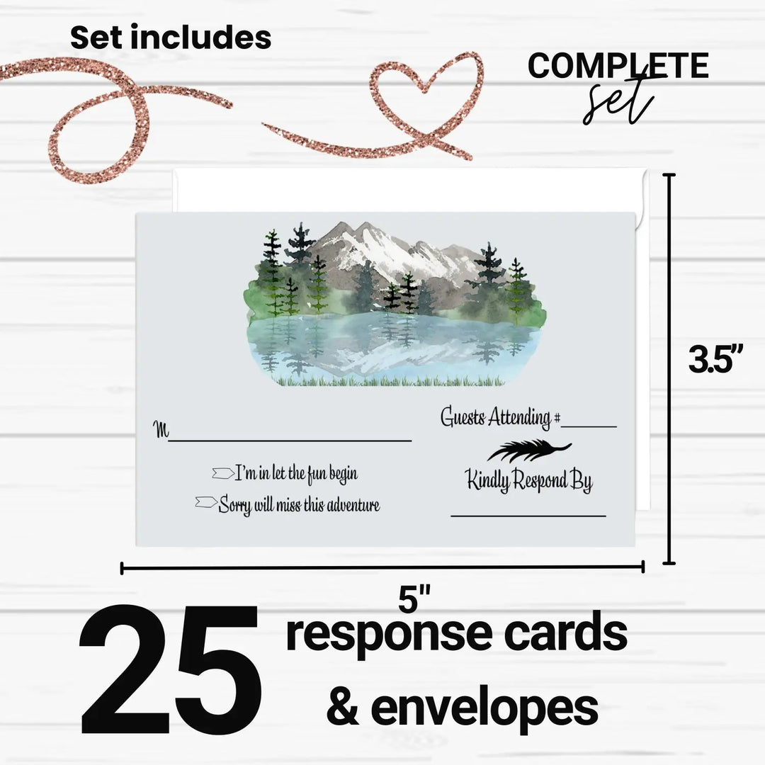 Adventure RSVP Cards for Wedding Invitations with Envelopes - Rustic Mountain Theme - 25 Set - 3.5x5 Response Inserts for Guests - Perfect for Graduation, Bridal Showers, Anniversaries