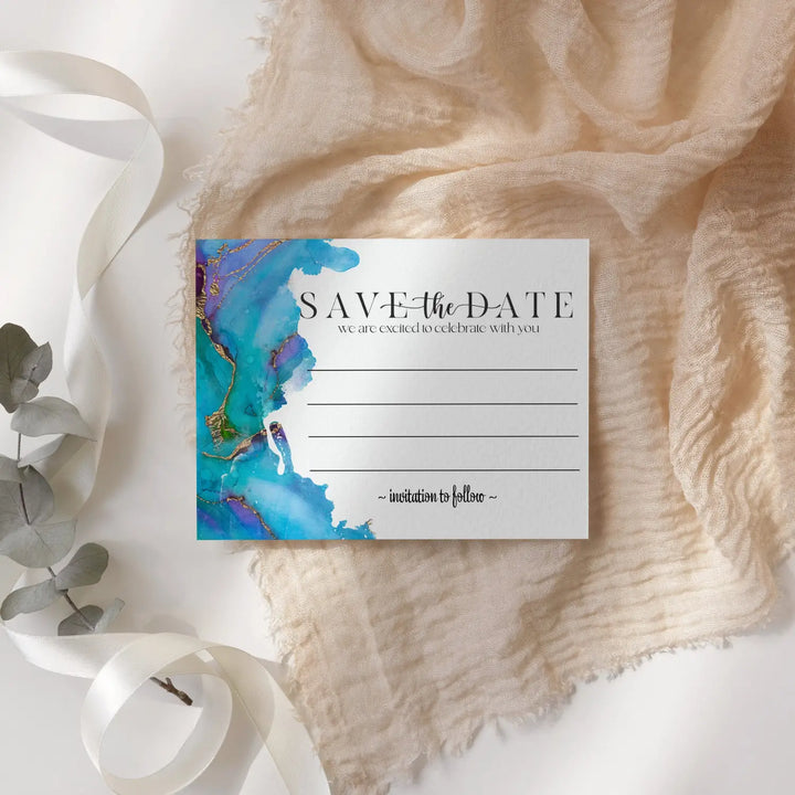 Teal and Purple Save the Date Cards with Envelopes - 25 Pack Modern Watercolor All Occasion Invitations for Weddings, Birthdays & Graduations - 3.5x5 Elegant Design