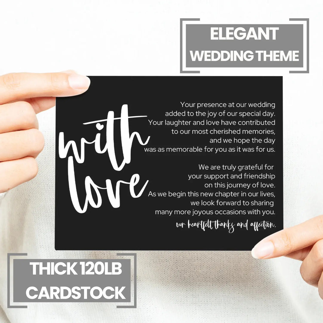 Modern Typography Wedding Thank You Cards for Guests (25 Pack) - Reception Table Favors or Bridal Centerpieces, Love & Gratitude, Elegant Black with White, 4x6 Set