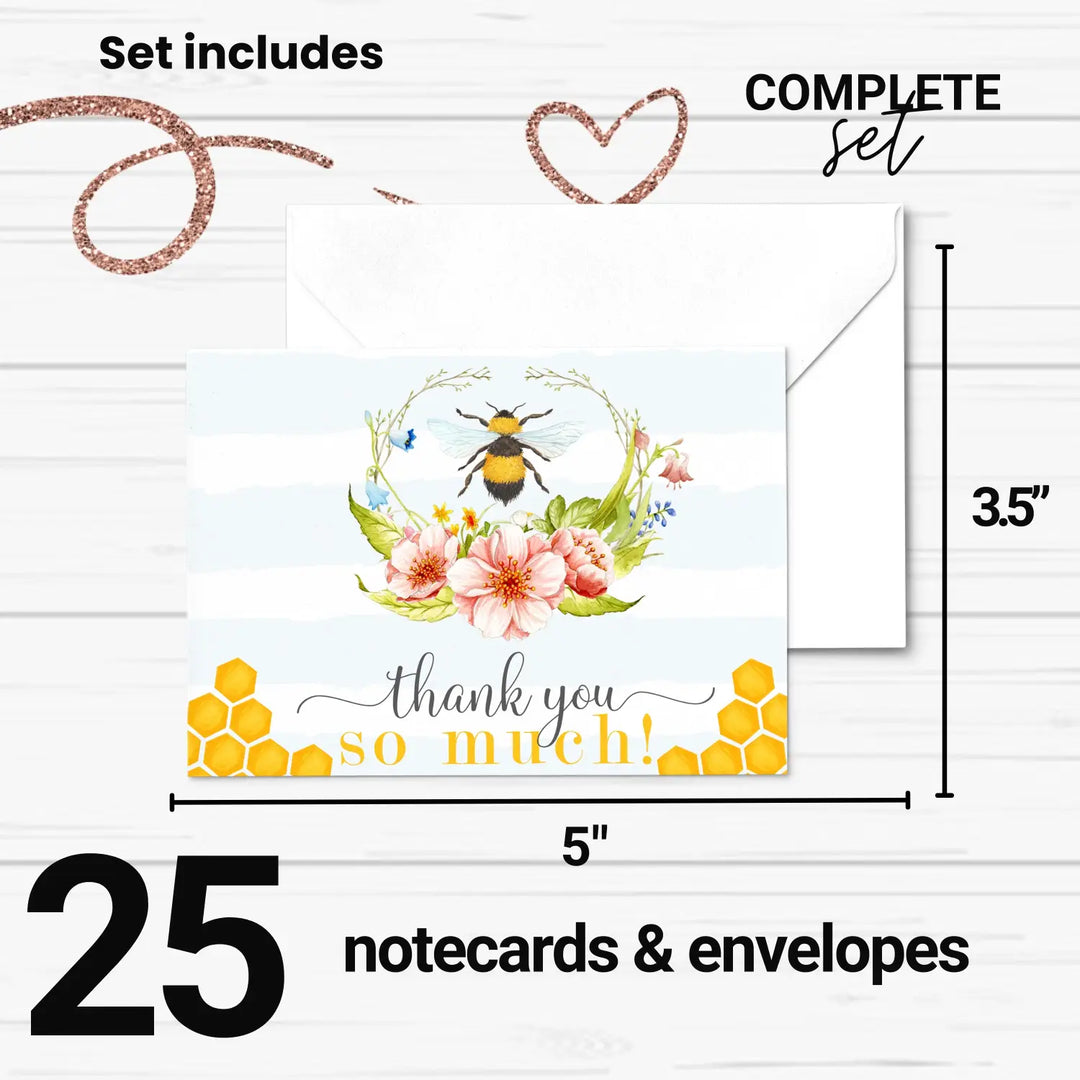 Bumblebee All-Occasion Thank You Cards - Rustic ‘Mama to Bee’ Design, 25-Pack with Envelopes