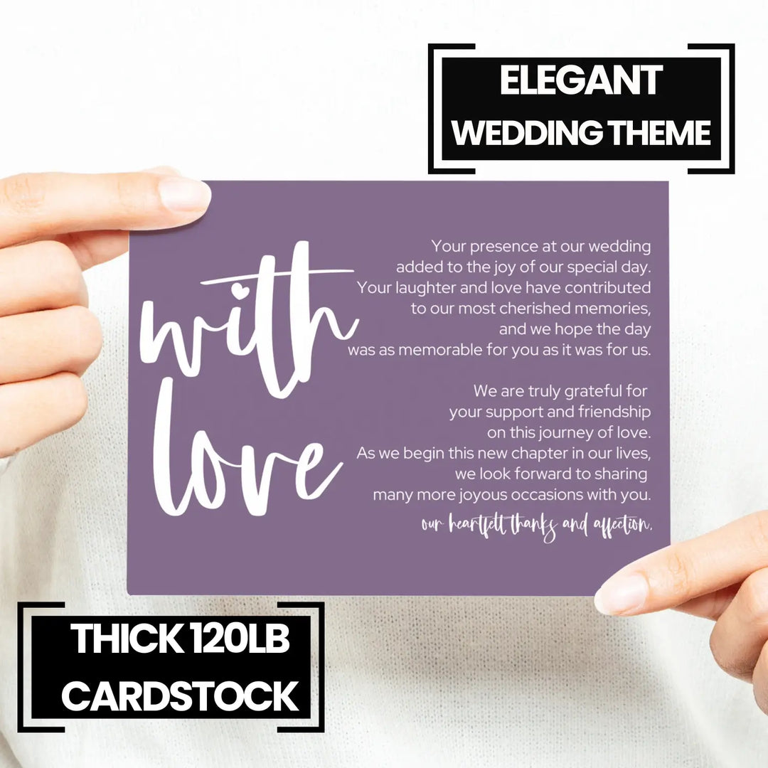 Everafter Plum Wedding Reception Thank You Cards (25 Pack) Modern Table Favors, Elegant Guest Seating Centerpieces, With Love and Gratitude from the Newlyweds, 4x6 Set