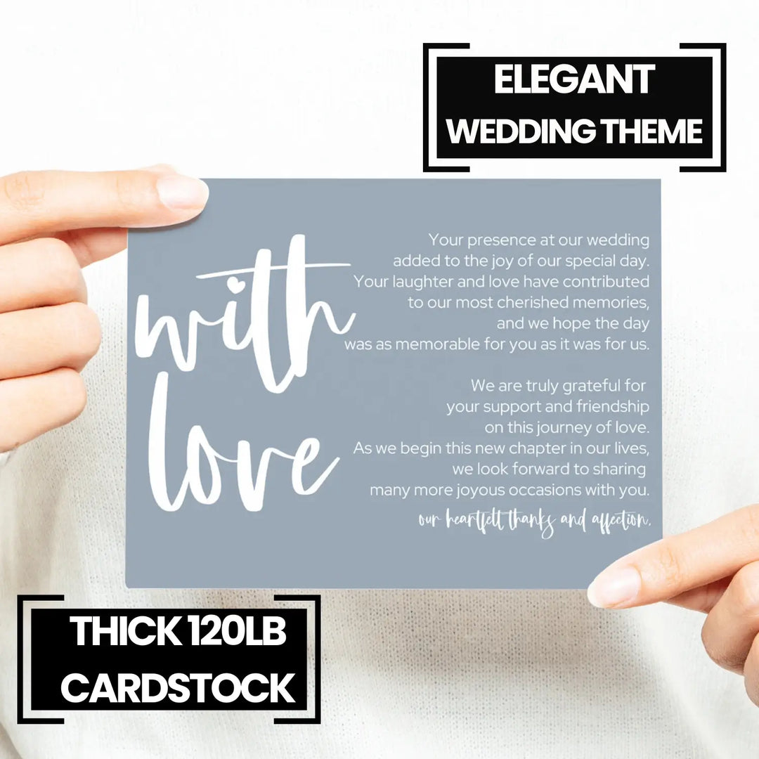 Dusty Blue Wedding Reception Thank You Cards (25 Pack) Modern Table Favors, Elegant Guest Seating Centerpieces, With Love and Gratitude from the Newlyweds, 4x6 Set