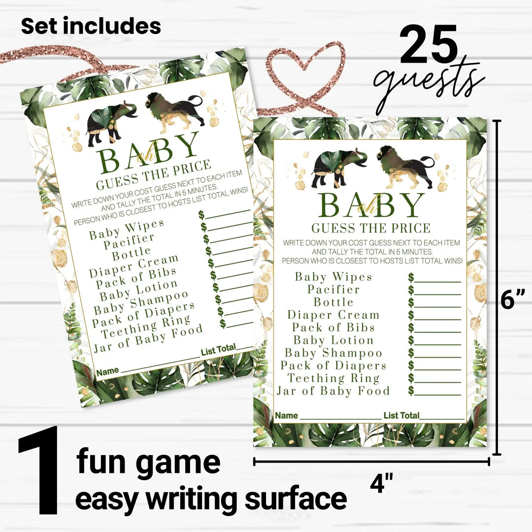 Green and Gold Guess the Price Baby Shower Games – 25 Guests, Tropical Jungle Themed Ideas, Neutral Baby Shower Activities, 5x7 Card Set