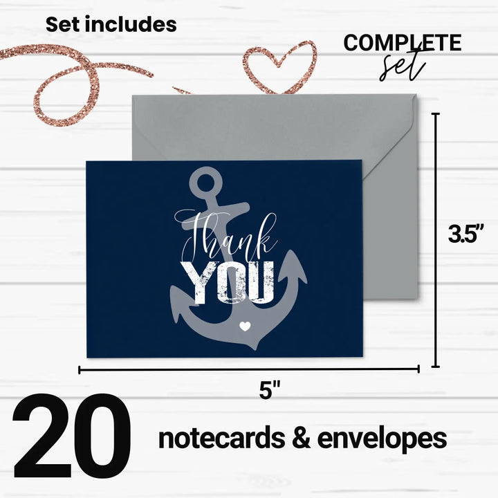Classic Nautical Anchor Thank You Cards - 20-Pack for Showers, Weddings, and More