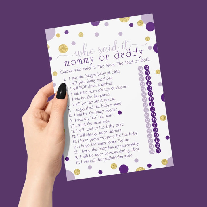 Purple and gold baby shower game mommy or daddy - 25 pack guess who activity cards royal princess star themed gender