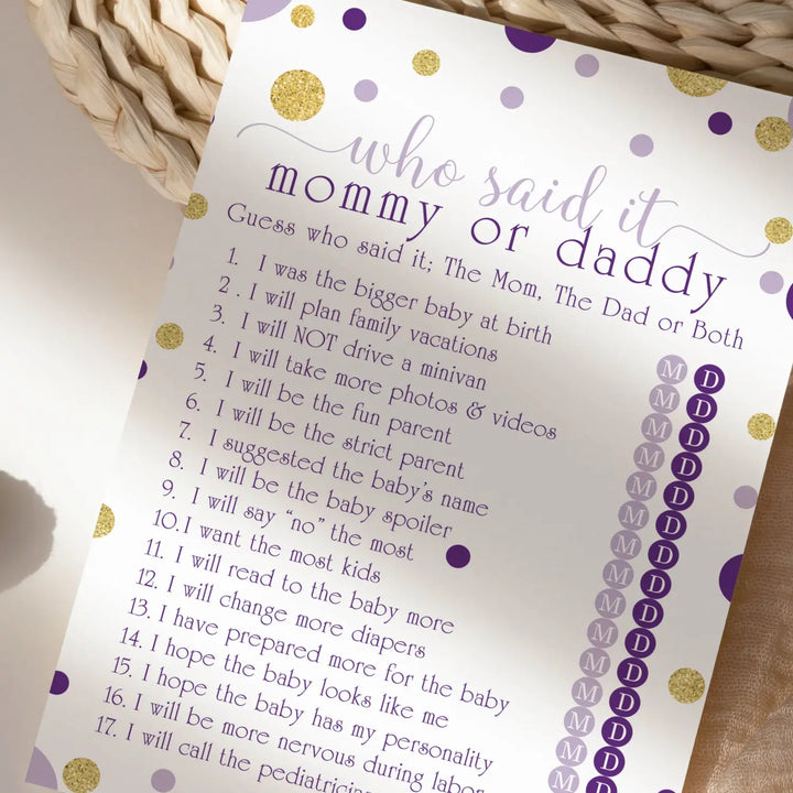 Purple and gold baby shower game mommy or daddy - 25 pack guess who activity cards royal princess star themed gender