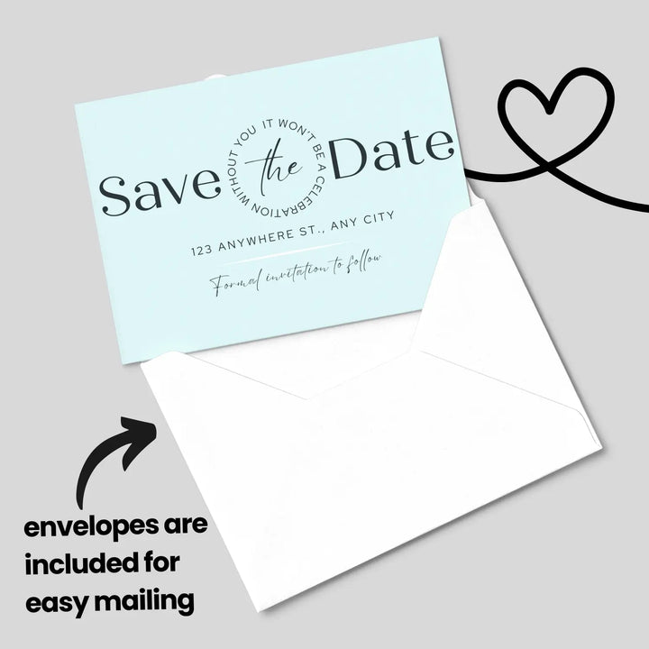 Custom aqua and black save the date cards - personalized 4x6 inch invitations with elegant typography white envelopes