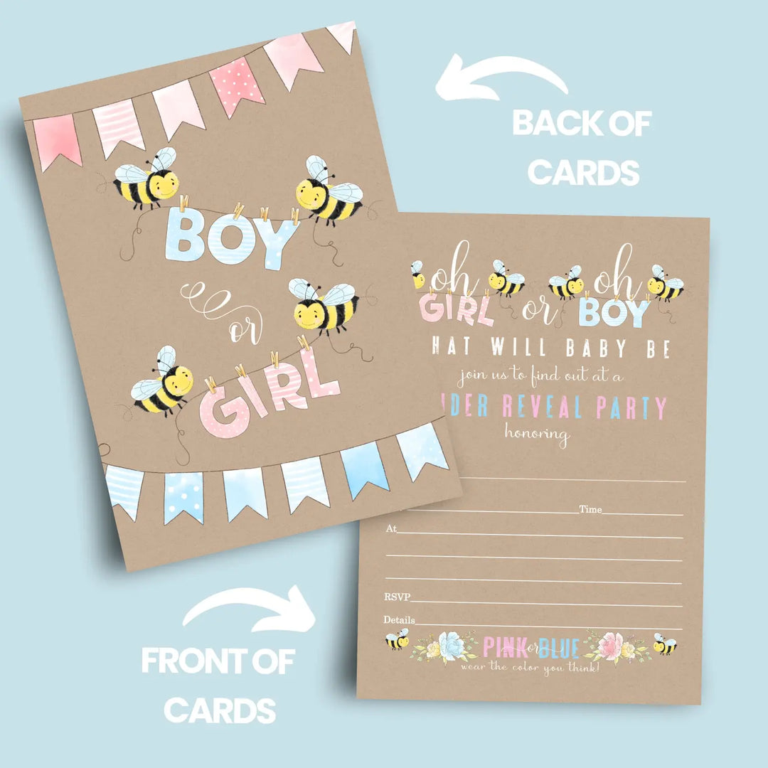 Bee Gender Reveal Invitations with Envelopes, 25 Pack, Customize Party Details, 5x7 Blank Cards