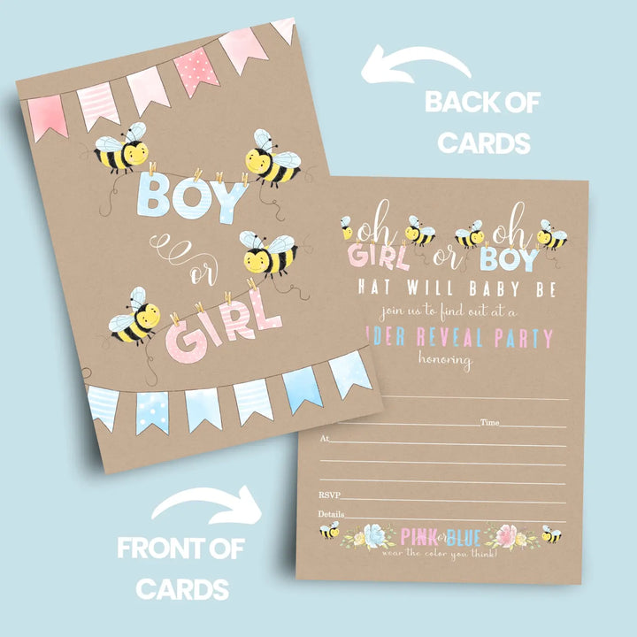 Bee Gender Reveal Invitations with Envelopes, 25 Pack, Customize Party Details, 5x7 Blank Cards