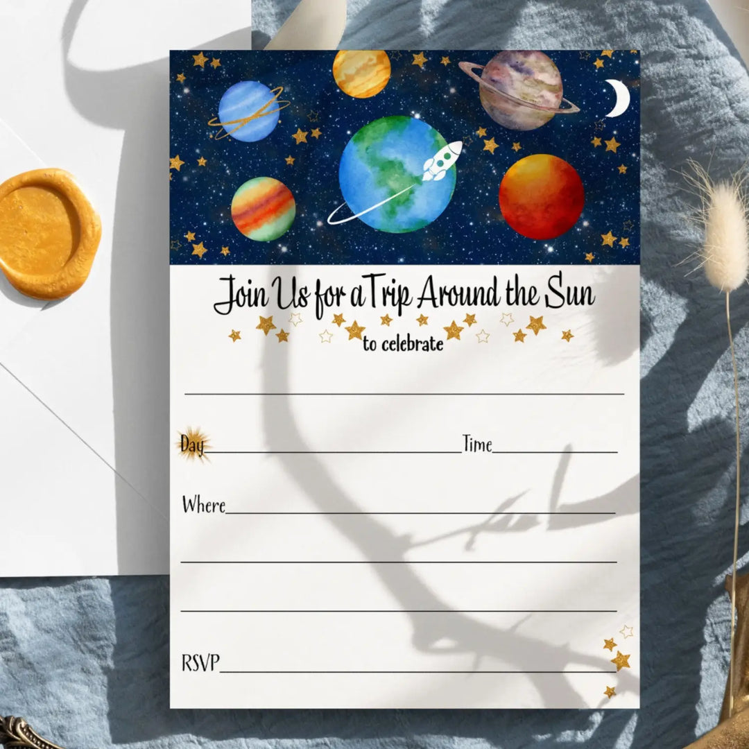 Around the Sun Party Invitations with Envelopes, 25 Pack, Space and Rocketship, 5x7 Blank Cards