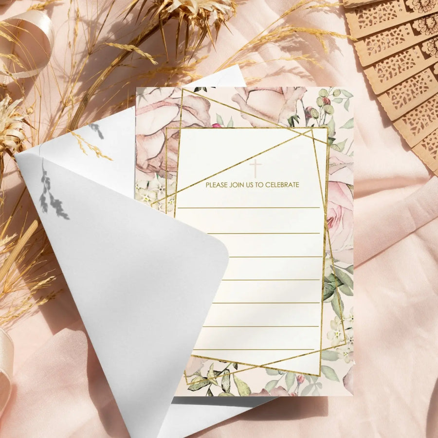 Rose gold baptism invitations with envelopes girls custom diy invite cards floral 25 pack
