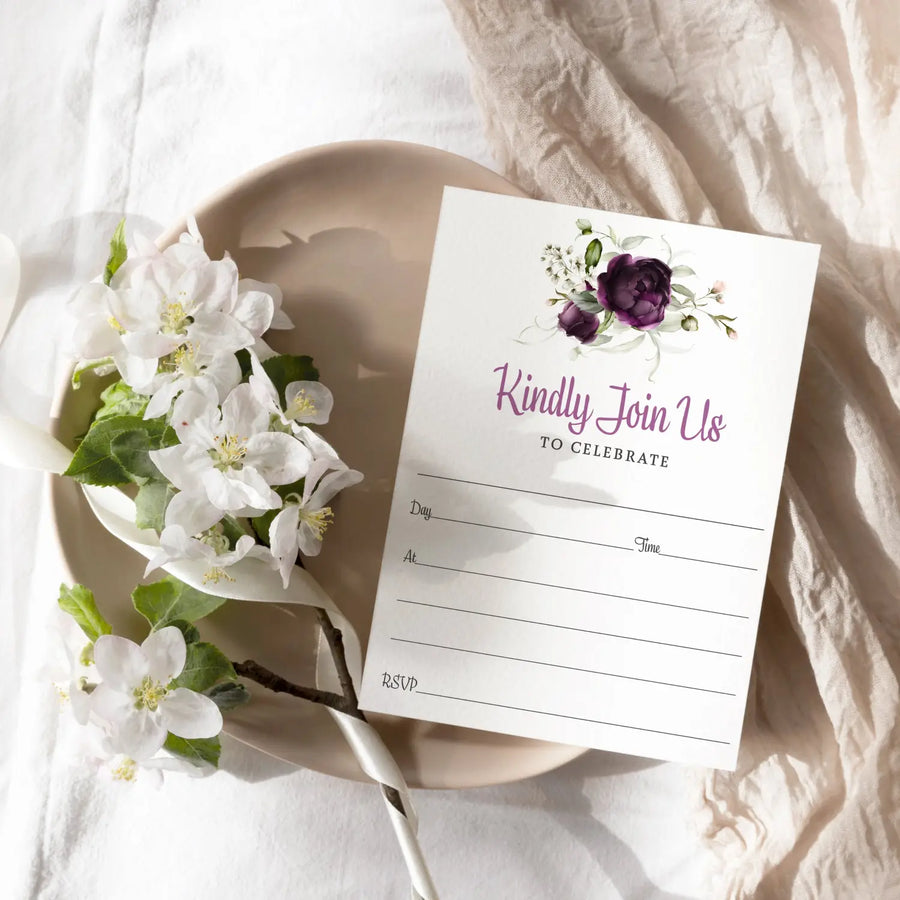 Purple passion floral invitations with envelopes 25 pack 5x7 blank cards for all occasions