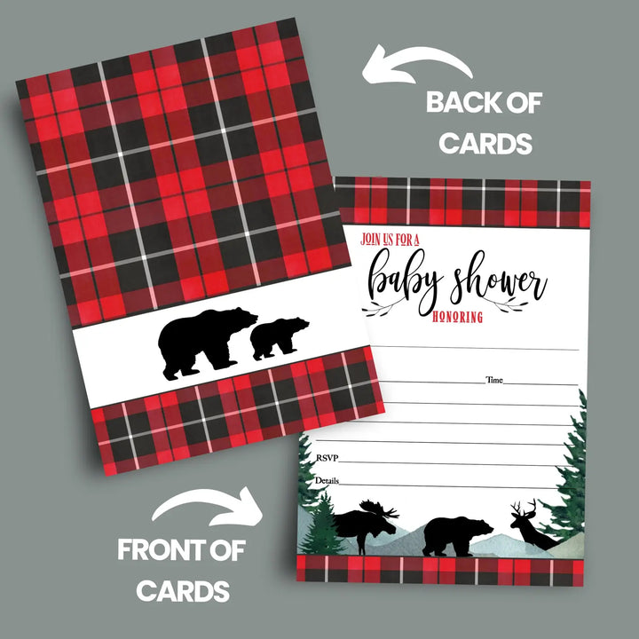 Lumberjack Baby Shower Invitations with Envelopes, 25 Pack, Red and Black, 5x7 Blank Cards for Boys