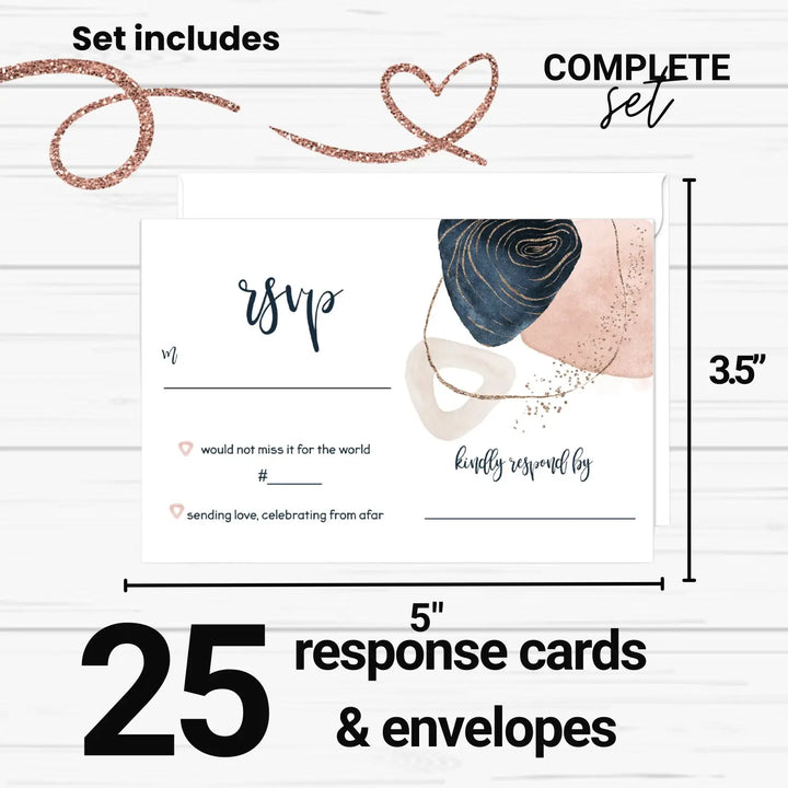 Navy & Pink Abstract RSVP Cards - Modern Wedding Response Set, 3.5x5, Envelopes Included, 25 Pack