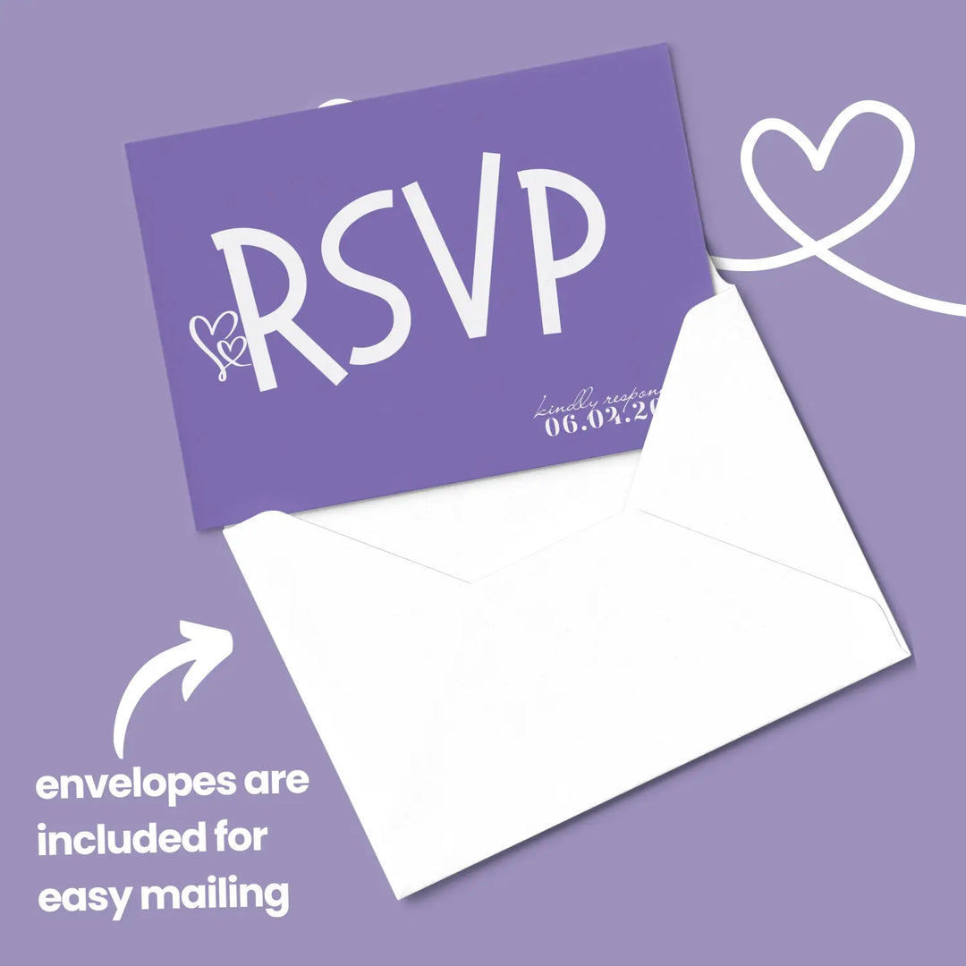 Custom Purple RSVP Cards with Sleek Calligraphy Font - Premium Card Stock, 4x6 Inch Size