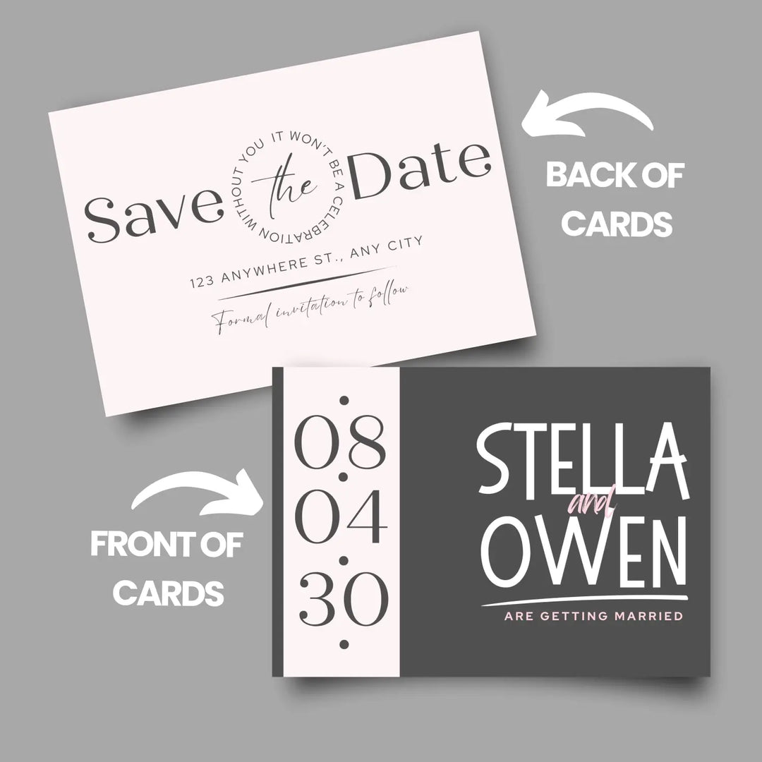 Custom blush and slate gray save the date cards - personalized 4x6 inch invitations with elegant typography white