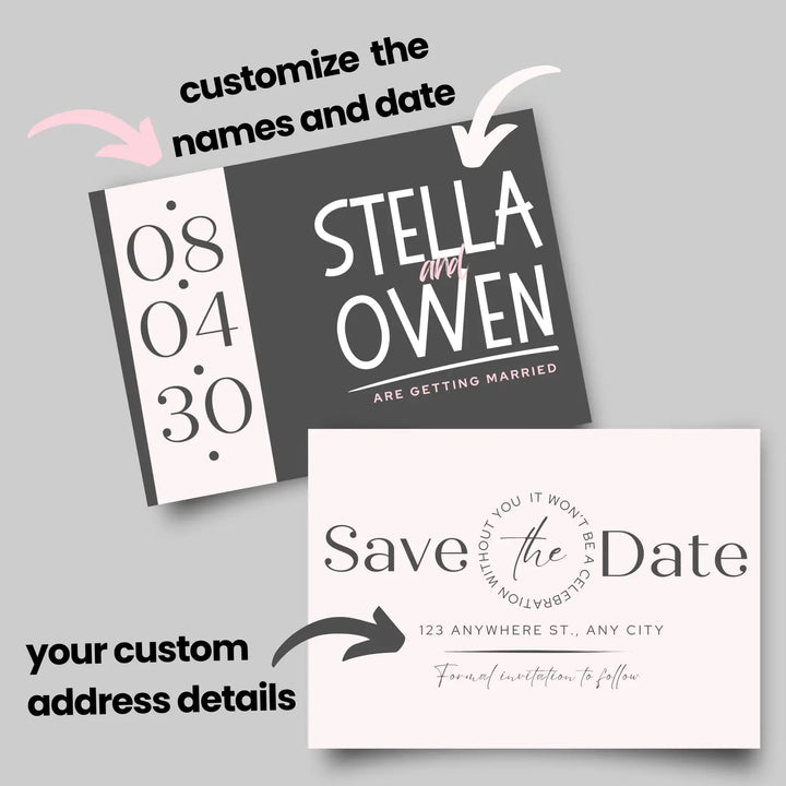 Custom blush and slate gray save the date cards - personalized 4x6 inch invitations with elegant typography white