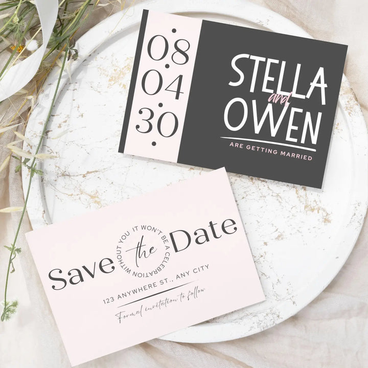 Custom blush and slate gray save the date cards - personalized 4x6 inch invitations with elegant typography white