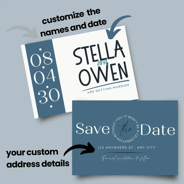 Custom dusty blue cream and black save the date cards - personalized 4x6 inch invitations with elegant typography white