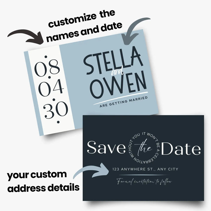 Custom Blue, Black, and White Save the Date Cards - Personalized 4x6 Inch Invitations with Elegant Typography and White Envelopes - Perfect for Weddings, Birthdays, and Showers